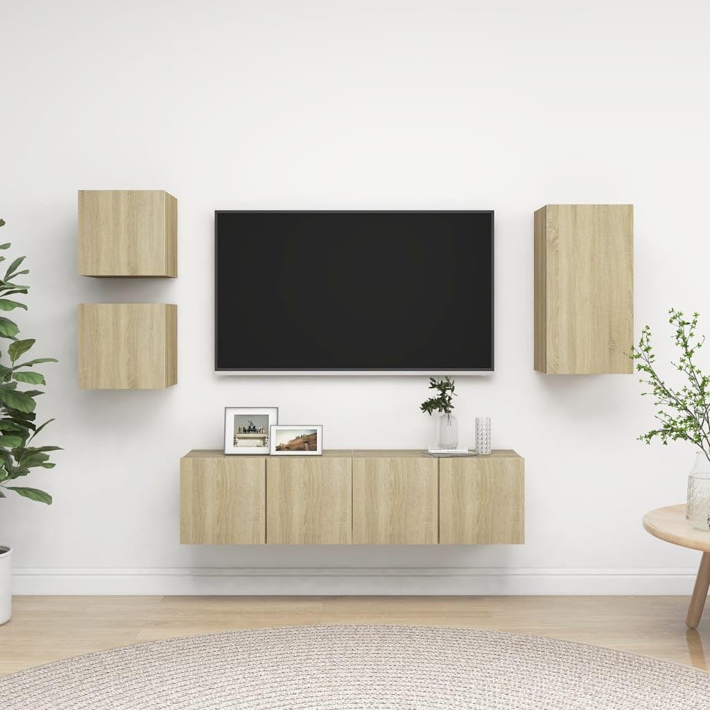 vidaXL TV Cabinet Set 5 Piece Home Indoor Hanging Wall-Mounted Stereo Plasma HiFi Cabinet TV Stand Unit Furniture Sonoma Oak Engineered Wood