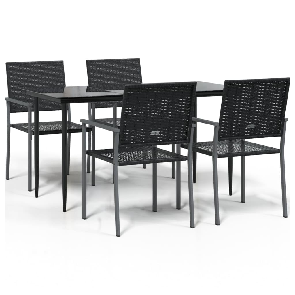 vidaXL 5 Piece Outdoor Dining Set with Armrests - PE Rattan and Steel - Weather-Resistant, Black, Tempered Glass Top Table, Suitable for Garden, Patio