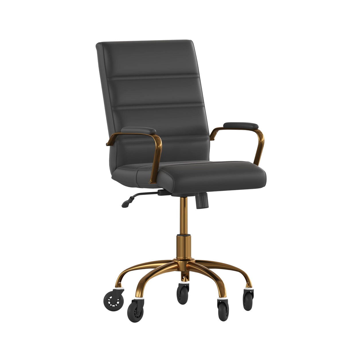 Flash Furniture Camilia Mid-Back Black Leathersoft Executive Swivel Office Chair With Gold Frame, Arms, And Transparent Roller Wheels