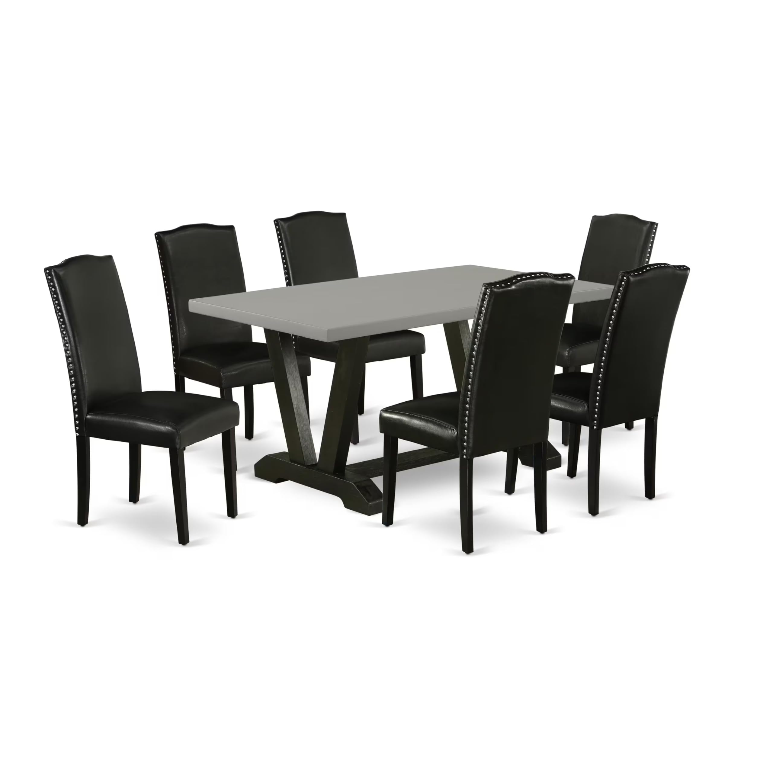 East West Furniture V696En169-7 7 Piece Dining Table Set Consist Of A Rectangle Dining Room Table With V-Legs And 6 Black Faux Leather Upholstered Parson Chairs, 36X60 Inch, Multi-Color