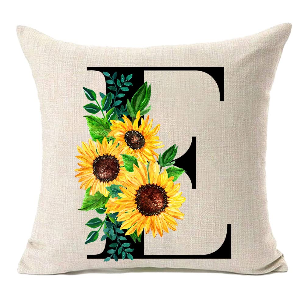 Mfgneh Monogram Letter E Sunflower Pillow Covers 18X18 Inch,Spring Decor Throw Pillow Case Cushion Cover Summer Farmhouse Decor