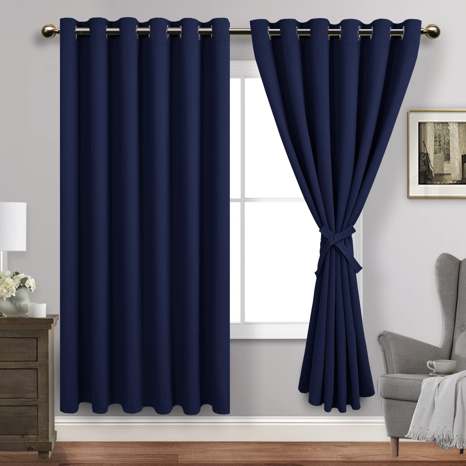 Jiuzhen Navy Blue Blackout Curtains With Tiebacks Thermal Insulated, Light Blocking And Noise Reducing Grommet Curtains For Bedroom And Living Room, Set Of 2 Window Curtain Panels, 70 X 72 Inch Length