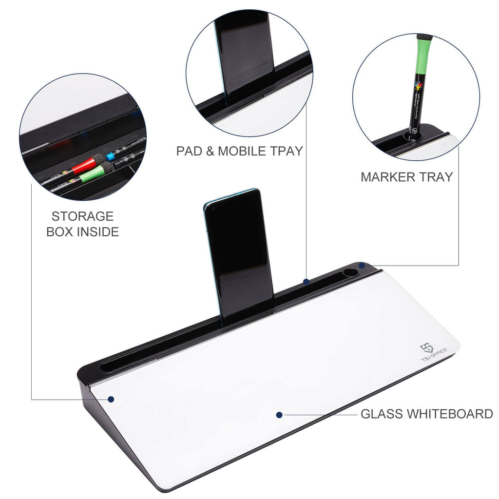 Small Glass Desktop Whiteboard Dry-Erase-Board - Computer Keyboard Stand White Board Surface Pad With Drawer, Desk Organizers Wi