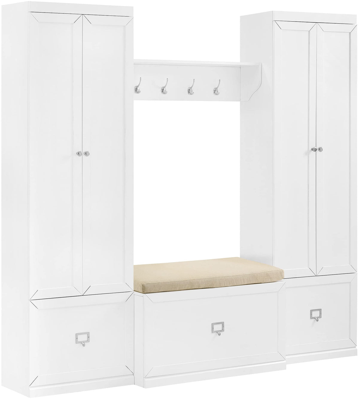 Crosley Furniture Harper 4-Piece Storage Cabinet, Shoe Rack Bench, And Wall Shelf Set With Coat Hooks, White