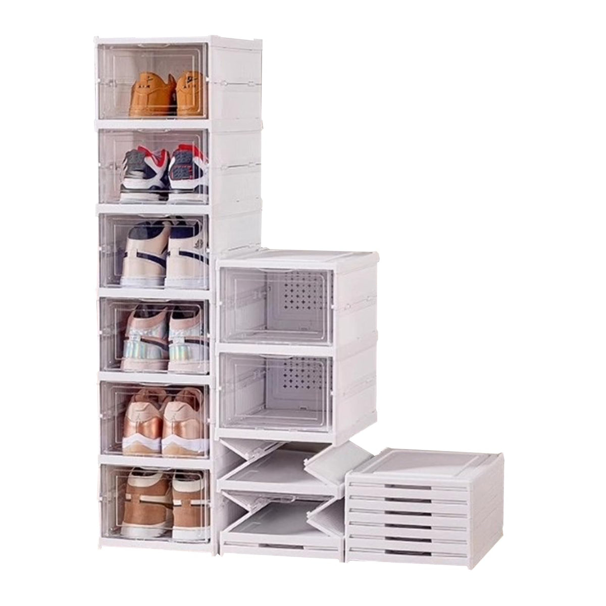 VaNaenic Foldable Shoe Rack,No Assembly Stackable Shoe Storage Box with Doors,Free Standing Plastic Space Saving Shoe Cabinet Bi