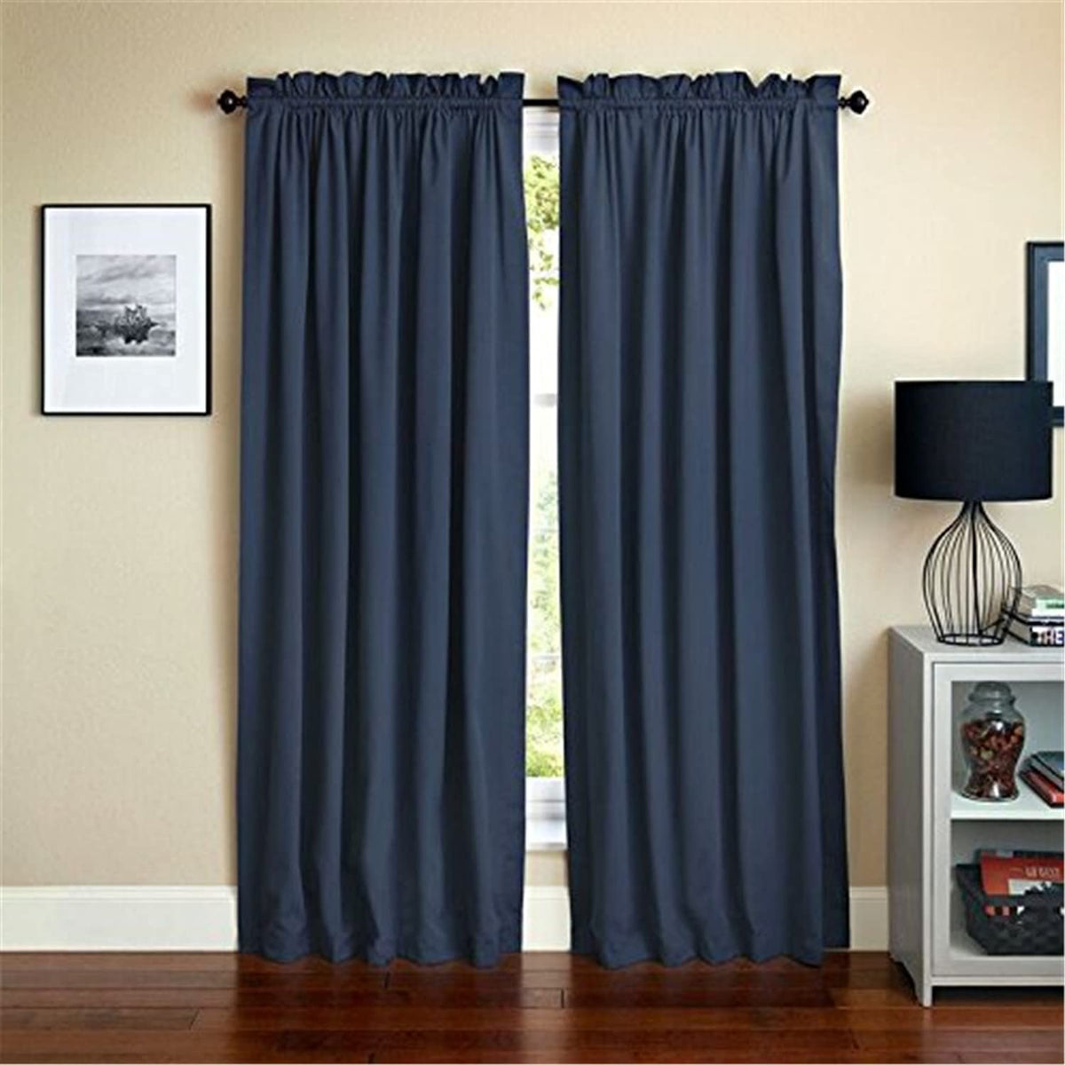 Blazing Needles Reversible Rod Pocket Room-Darkening Twill Curtain Panels, 108&quot; by 52&quot;, Navy 2 Count