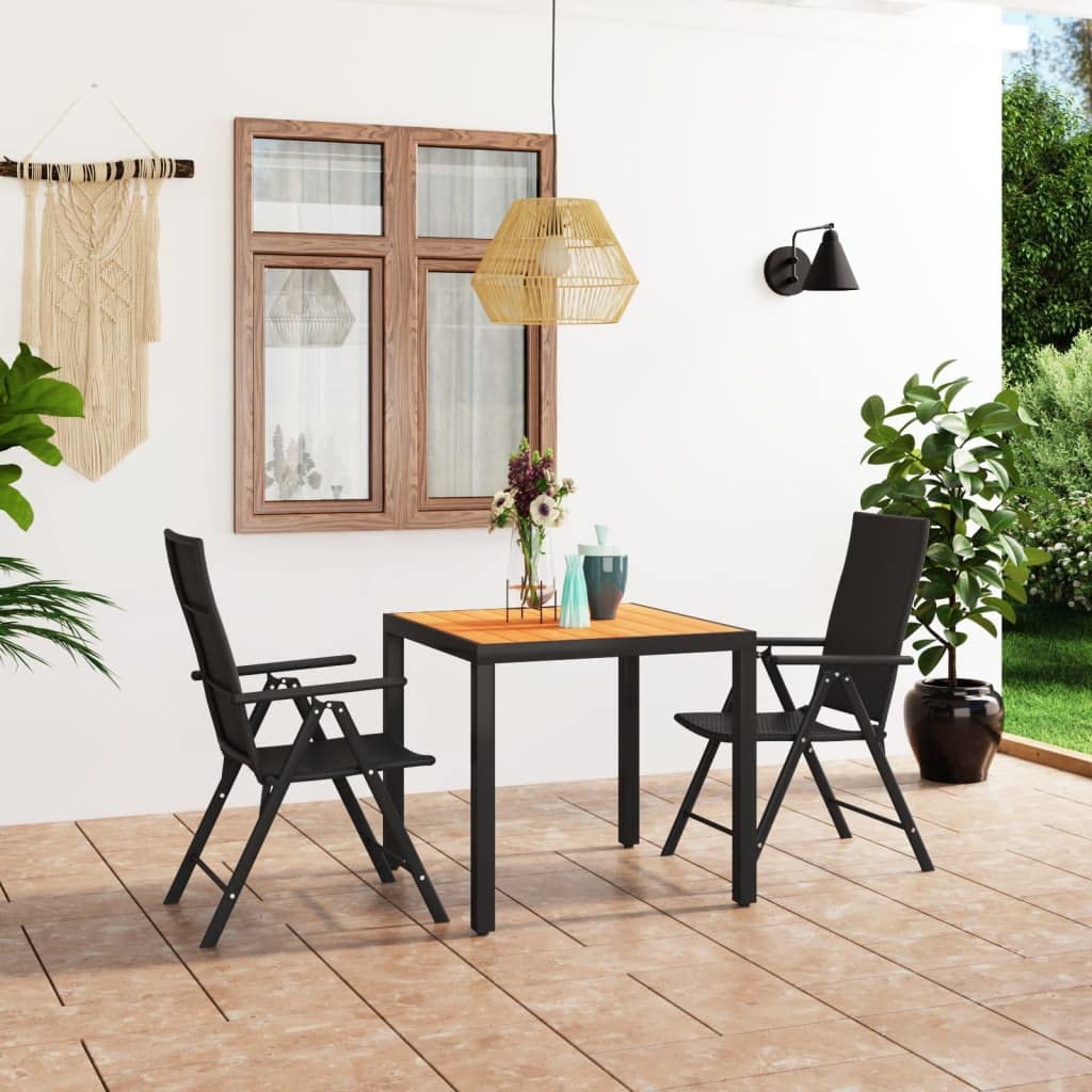 vidaXL 3 Piece Patio Dining Set in Black and Brown - Outdoor Furniture with PE Rattan Chairs and WPC Tabletop - Suitable for Garden, Patio or Terrace