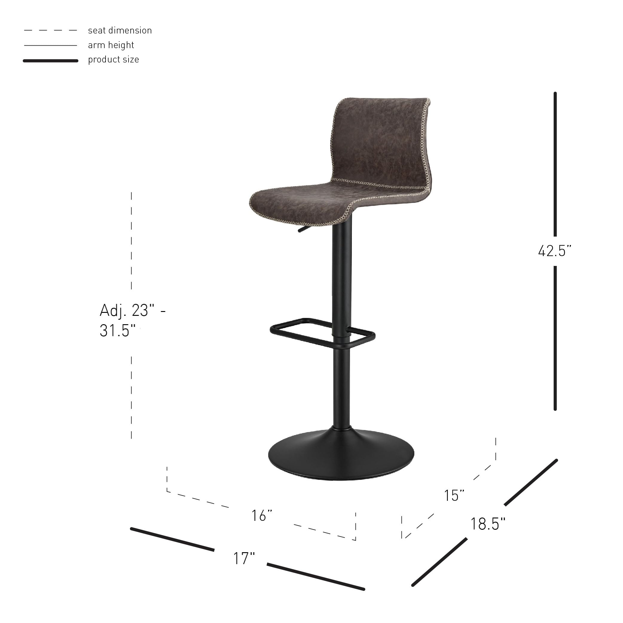 New Pacific Direct Jayden Pu Leather Low Back Gaslift Bar, Set Of 2 Bar & Counter Stools, Vintage Coffee Brown