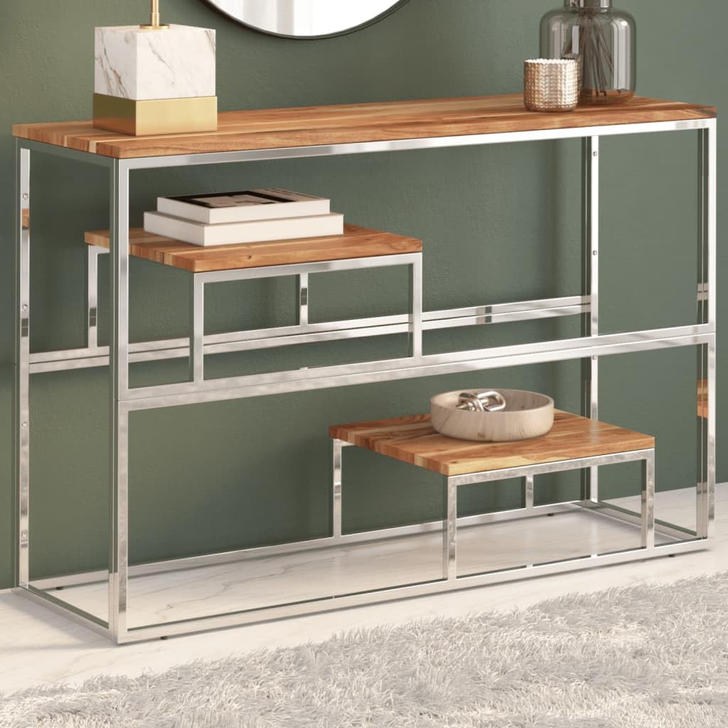 vidaXL Console Table - Silver Stainless Steel Frame & Solid Acacia Wood Top, 43.3"x13.8"x27.6", Suitable for Living Room, Entryway