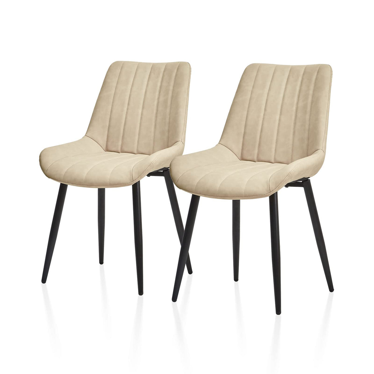 Tukailai Faux Leather Dining Chairs Set Of 2, Modern Linear Design Kitchen Chairs With Upholstered Seat And Metal Legs, Comfy Leisure Chairs For Guest Reception Restaurant Commercial (Cream)