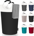 Kienlix 90L Large Laundry Basket, Collapsible Laundry Bag, Freestanding Tall Clothes Hamper, Foldable Washing Bin (Black & Beige