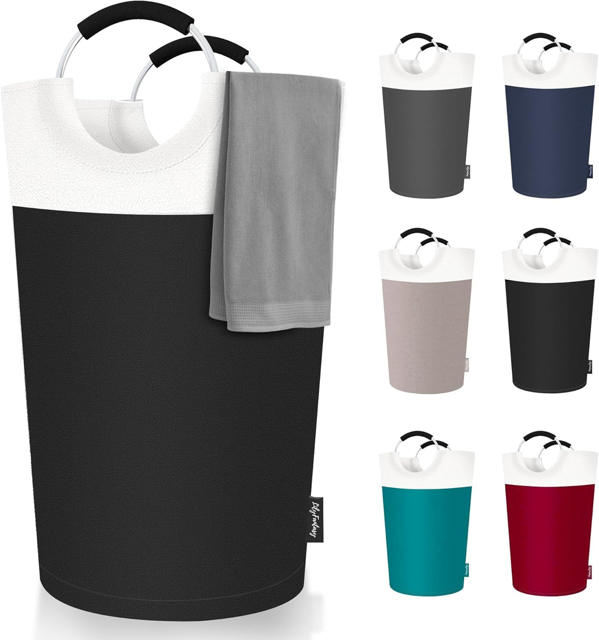 Kienlix 90L Large Laundry Basket, Collapsible Laundry Bag, Freestanding Tall Clothes Hamper, Foldable Washing Bin (Black & Beige