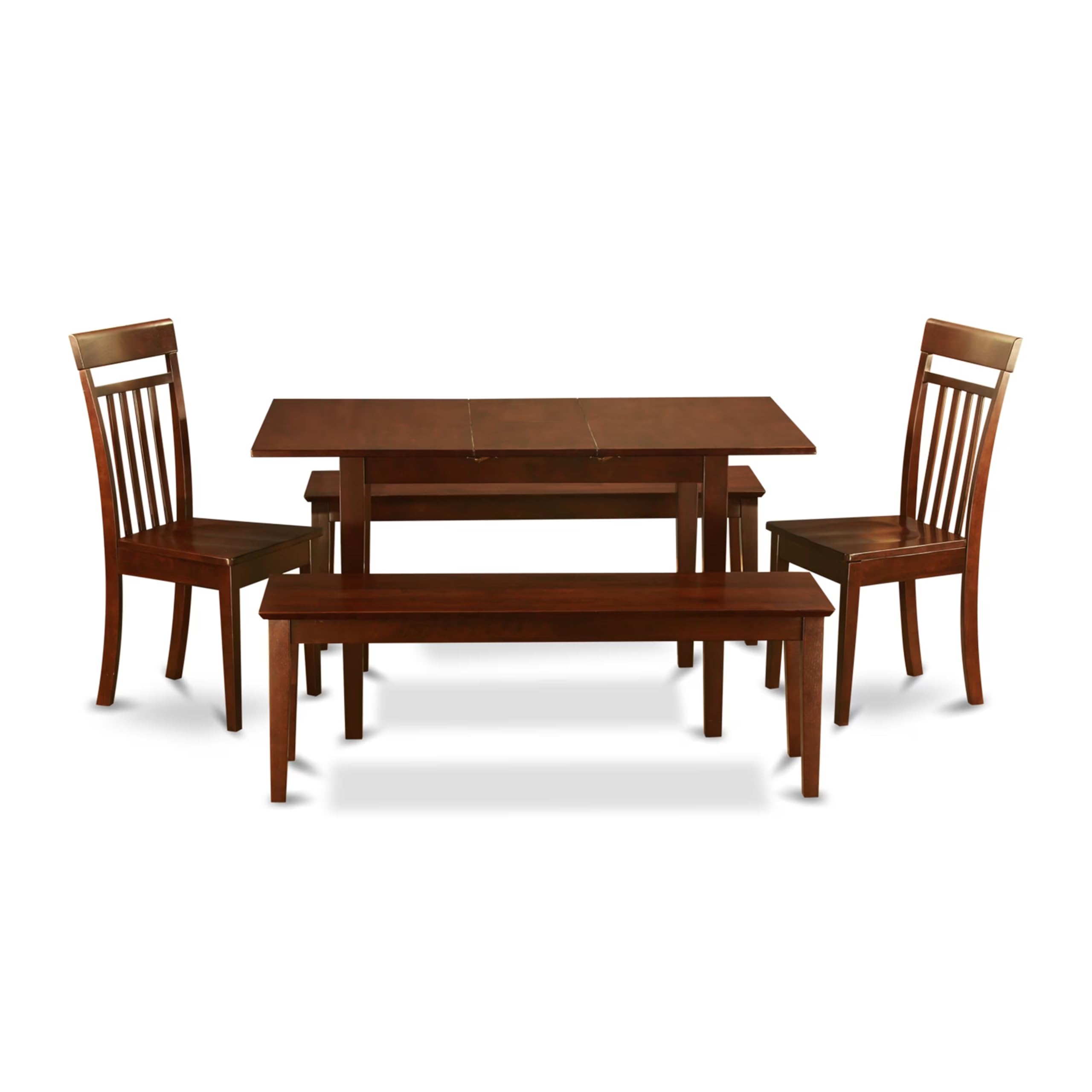East West Furniture NOCA5C-MAH-W 5 Piece Dinette Set for 4 Includes a Rectangle Dining Table with Butterfly Leaf and 2 Dining Room Chairs with 2 Benches, 32x54 Inch, Mahogany