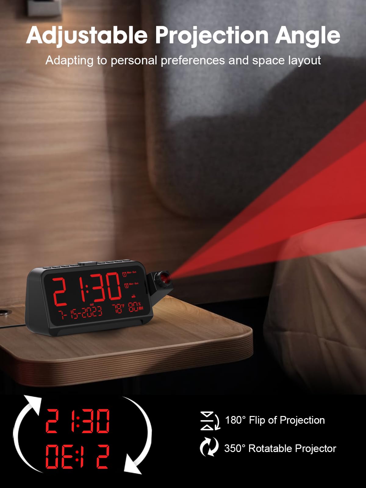 ROCAM 180° Projection Clock, Digital Alarm Clock with USB Ports, 5-Level Dimmer, Snooze, Date & Temp, Red, 7.87x2.36x3.