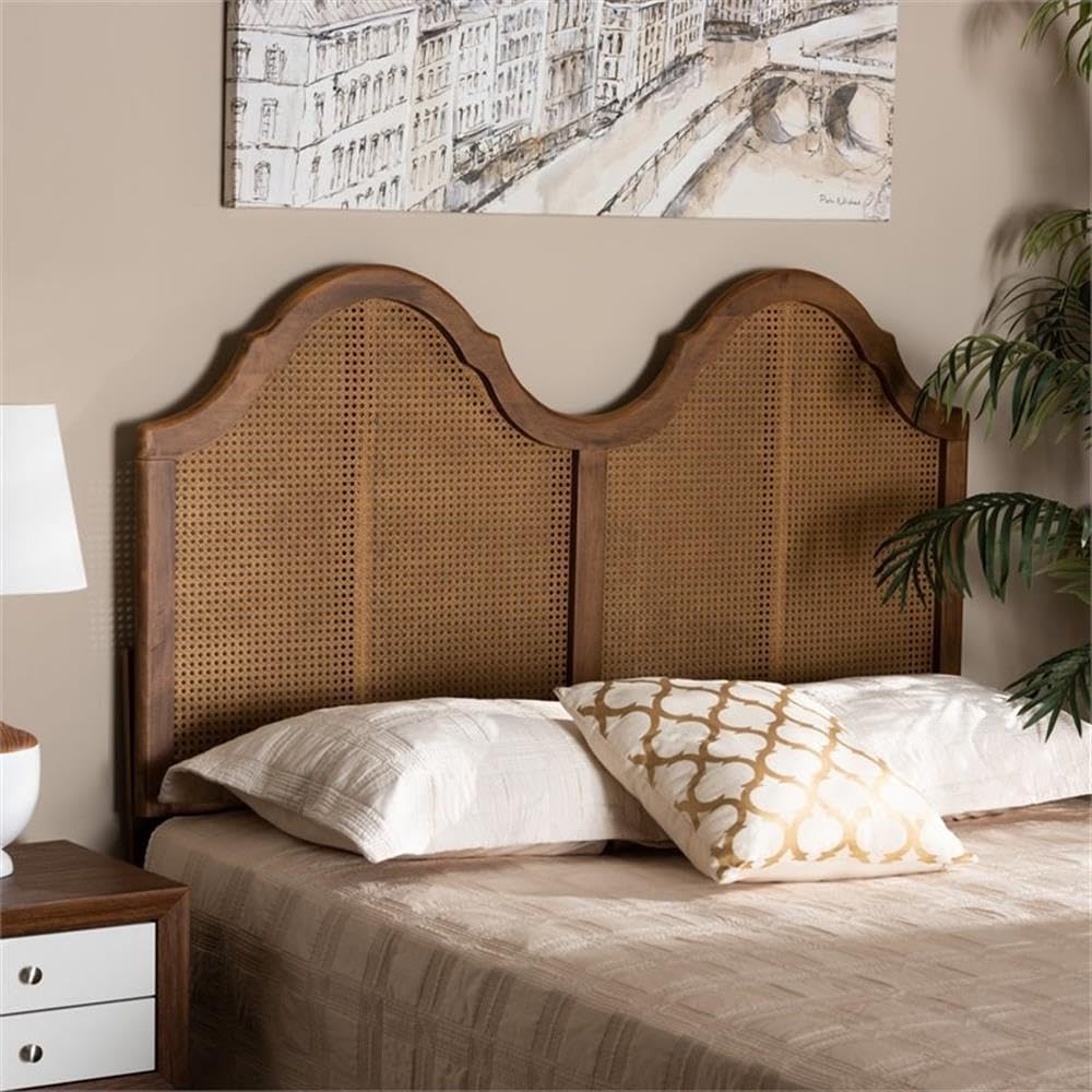 Baxton Studio Hazel Vintage Classic and Traditional Ash Walnut Finished Wood and Synthetic Rattan Full Size Arched Headboard