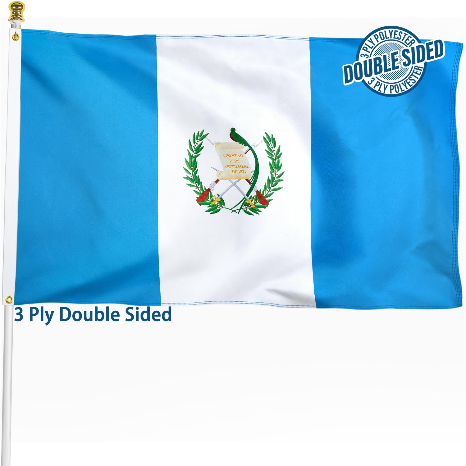 Guatemala Guatemalan Flag 3X5 Ft Outdoor, Double Sided 3 Ply Heavy Duty Guatemala National Country Flag, 100% Quality Polyester