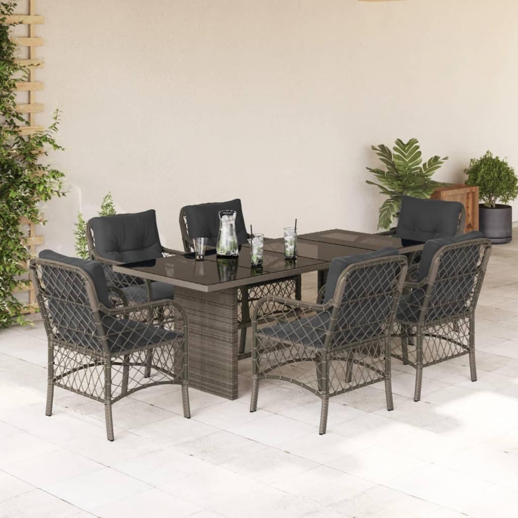 vidaXL 7 Piece Gray Patio Dining Set with Cushions - PE Rattan, Tempered Glass Tabletop, Powder-Coated Steel Frame for Outdoor Garden, Backyard, or Deck