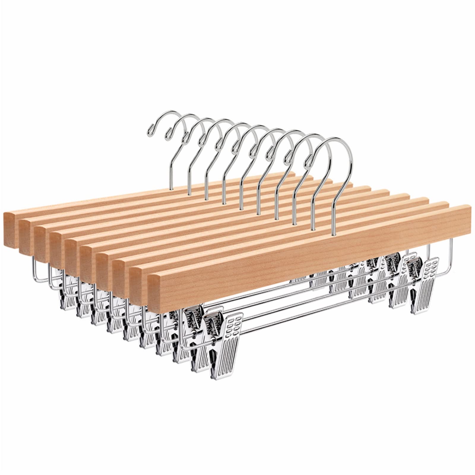 Amber Home 10 Pack Natural Wooden Pants Hangers with Clips, Wood Skirt Hangers Trouser Hangers for Jeans, Slacks, Shorts with 2-