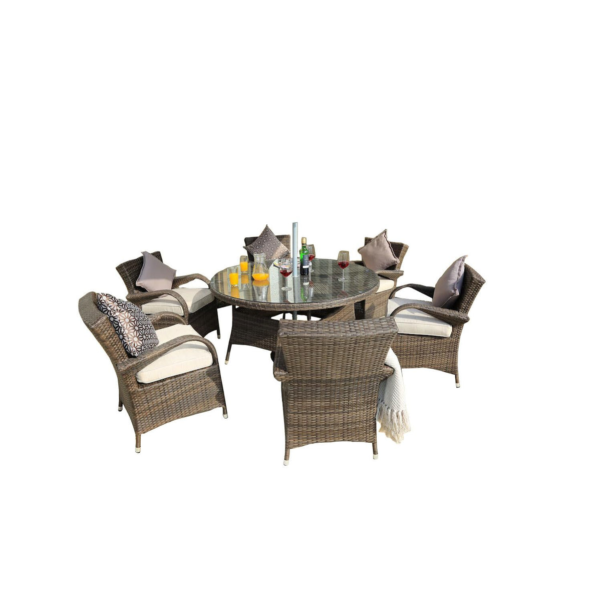 HomeRoots 211&quot; X 55&quot; X 32&quot; Brown 7Piece Outdoor Dining Set with Washed Cushion