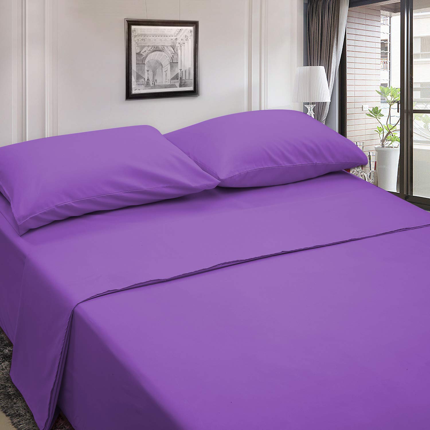 4 Piece Bed Sheet Set (Queen,Violet) 1 Flat Sheet,1 Fitted Sheet And 2 Pillow Cases,Brushed Microfiber Luxury Bedding With Deep Pockets