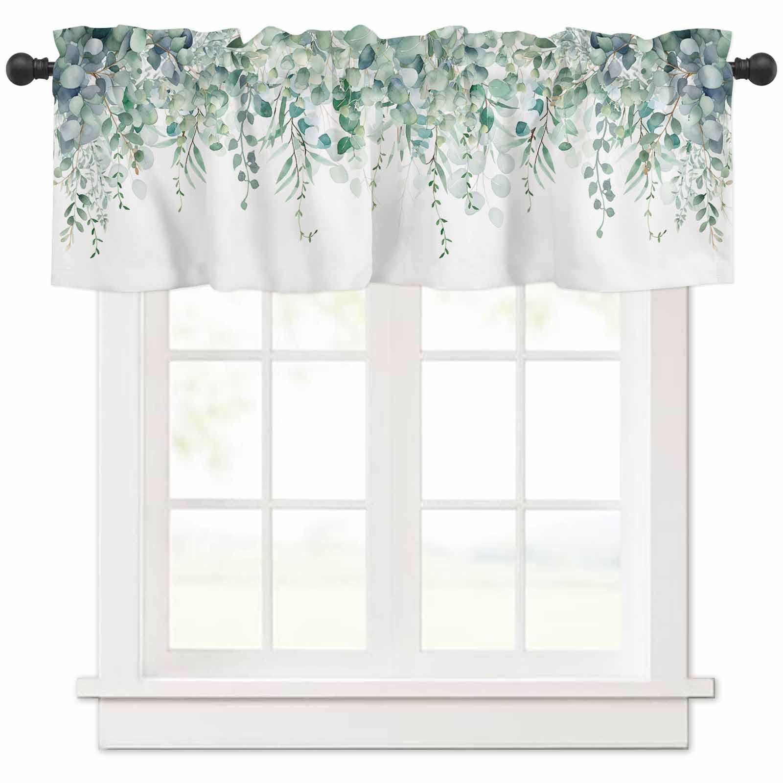Curtain Valance For Windows Green Eucalyptus Rod Pocket Valance Window Treatments 1 Panel Watercolor Leaves Short Curtains For K