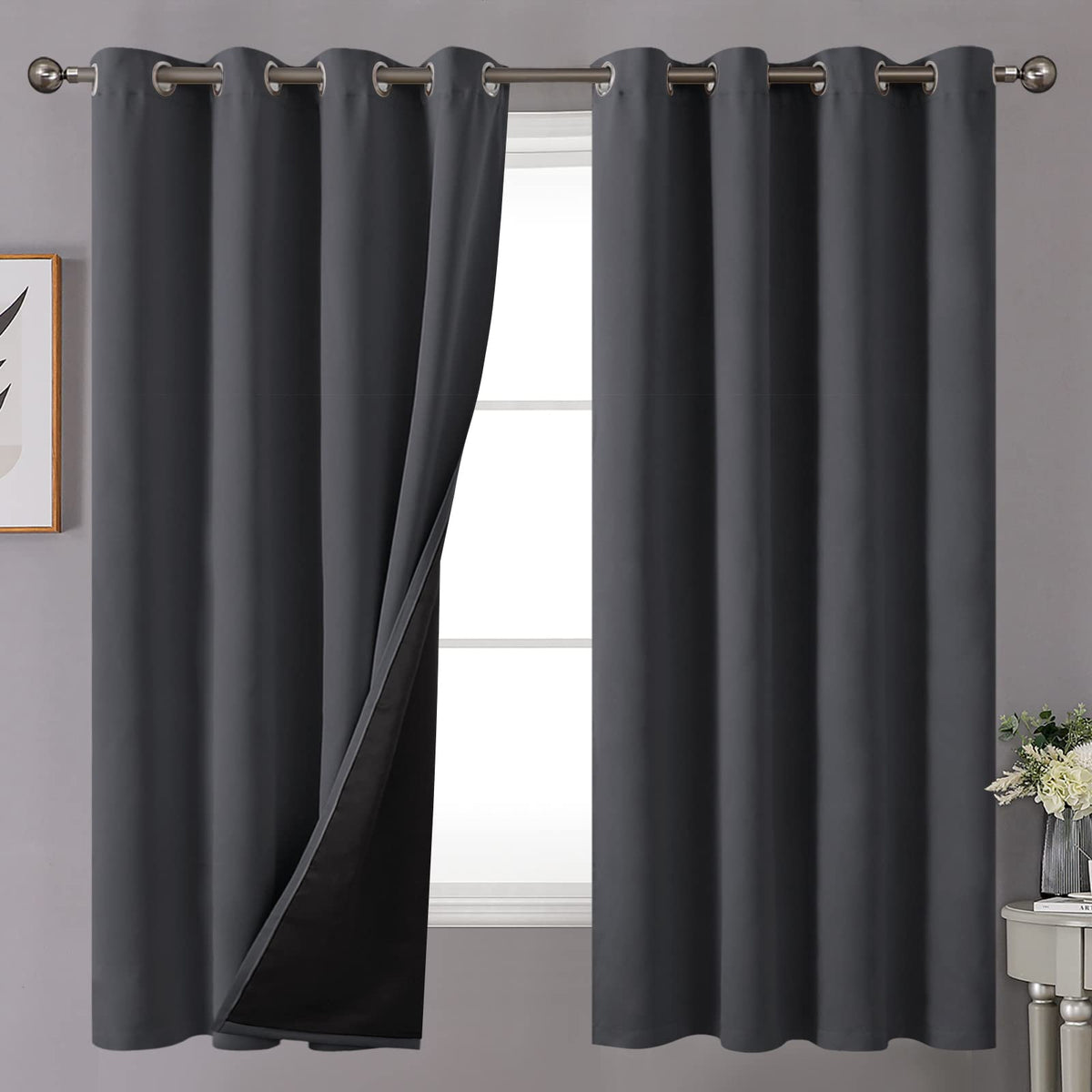 Youngstex Dark Grey Insulated Blackout Curtains 63 Inch Length, Grommet Full Room Darkening Thermal Window Drapes For Bedroom Wi