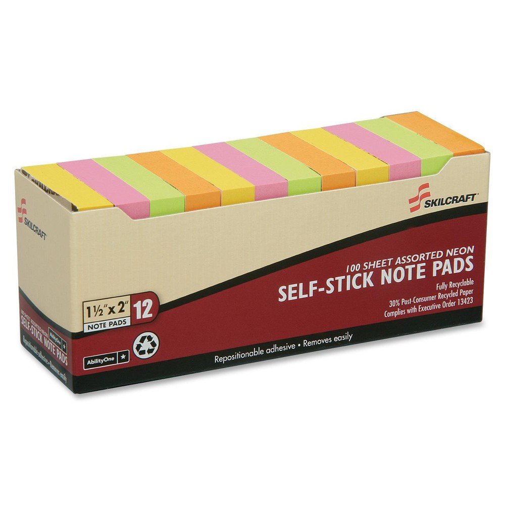 Skilcraft 7530-01-385-7560 Self-Stick Note Pad, 1-1/2 X 2 Inch, Assorted Neon (Pack Of 12)