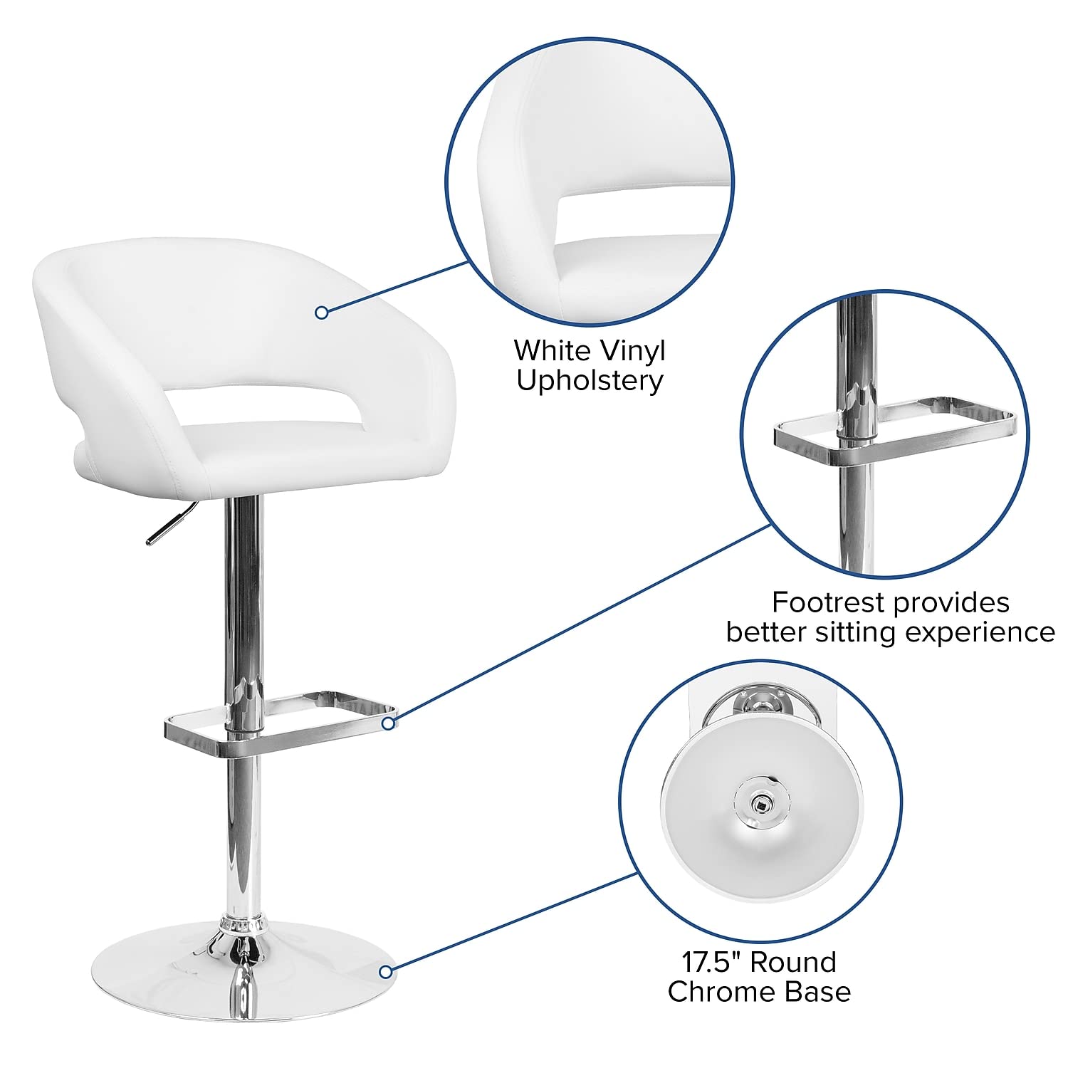 Flash Furniture Erik Contemporary Adjustable Height Barstool with Footrest and Rounded Mid-Back, Upholstered Bar or Counter Height Stool, White/Chrome