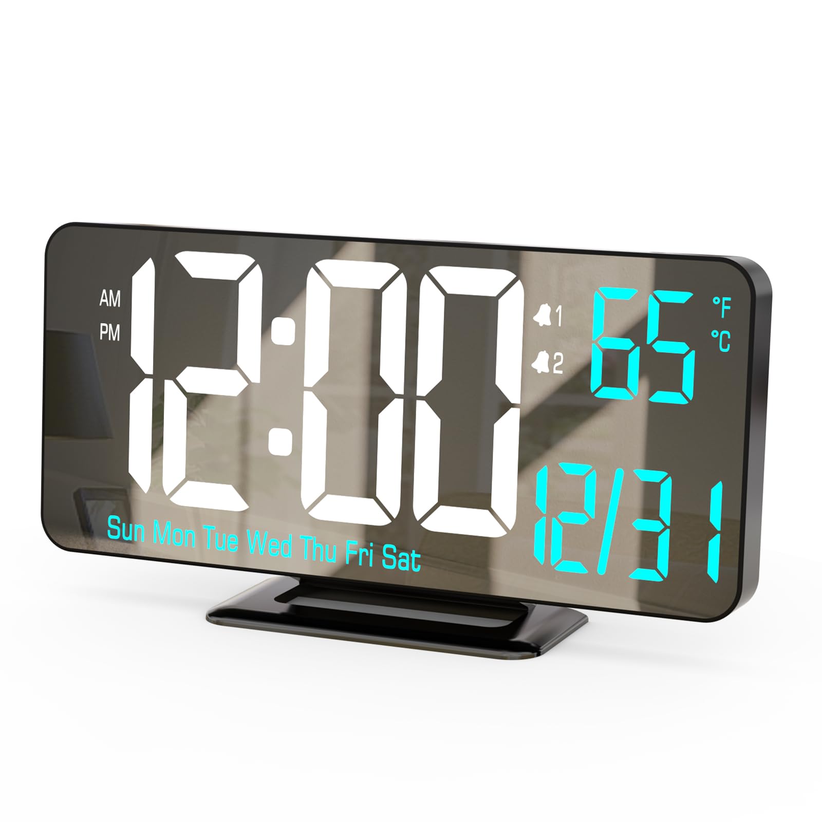 KOSUMOSU Digital Alarm Clock 6.7in Black Clock for Bedroom, Dual Alarm, Date, Seconds,Day of Week,12/24h,Dimming, Temp, Desk Clo