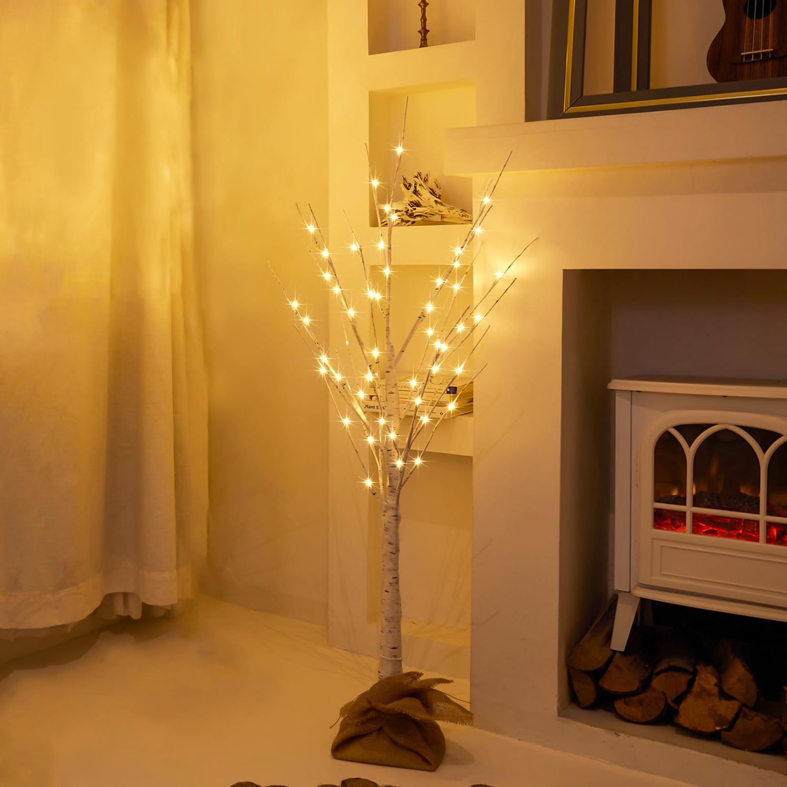 Holilluma Lighted Brich Tree, 4Ft 56 Led Christmas Tree With Burlap Decor, Warm White, Ip44 Waterproof, Power Supply By Adaptor,