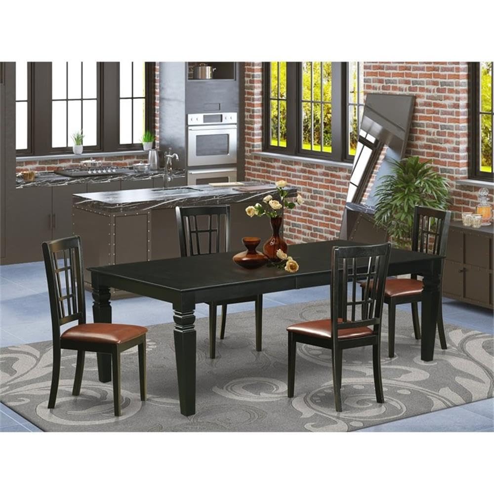 East West Furniture LGNI5-BLK-LC 5 Piece Kitchen Table & Chairs Set Includes a Rectangle Dining Table with Butterfly Leaf and 4 Faux Leather Dining Room Chairs, 42x84 Inch, Black