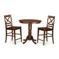 East West Furniture JAQU3-MAH-W 3 Piece Counter Height Pub Set for Small Spaces Contains a Round Dining Room Table with Pedestal and 2 Kitchen Chairs, 36x36 Inch, Mahogany