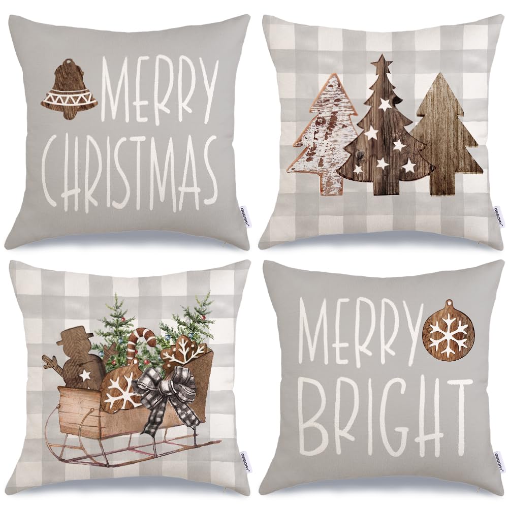 Geeory Christmas Pillow Covers 18 X 18 Inch Set Of 4, Buffalo Plaid Wooden Tree Snow Sleigh Merry Xmas Holiday Decor Decorative
