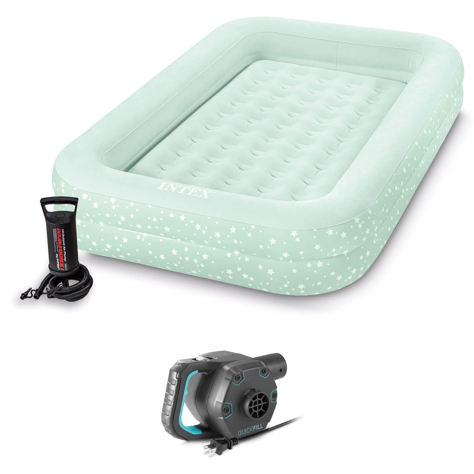 Intex Kids Inflatable Raised Frame Travel Air Bed W/Hand Pump & Electric Pump