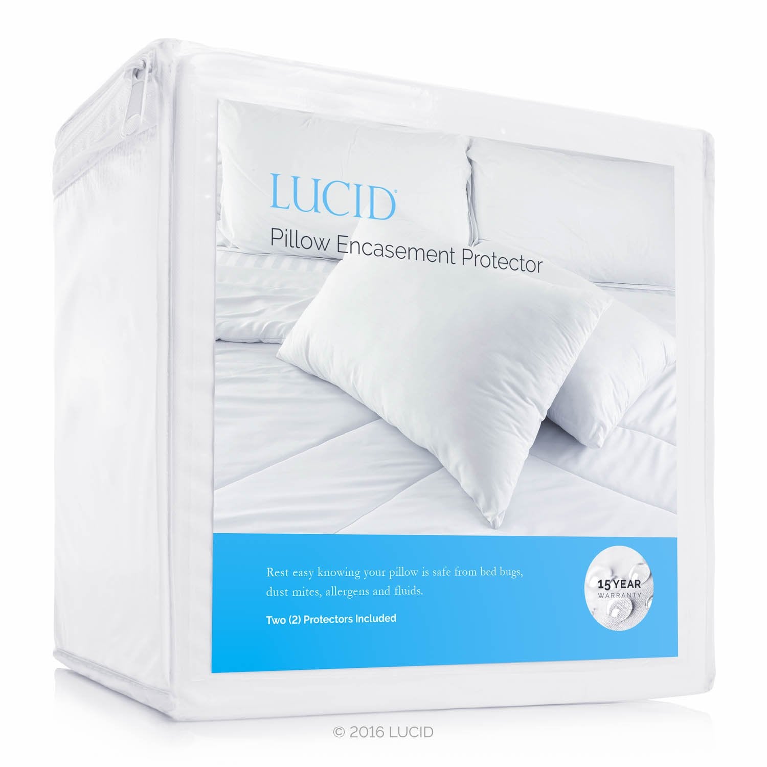 Lucid Zippered Encasement Pillow Protector - Waterproof, Allergen Proof, Bed Bug Proof Protection - 15 Year Warranty - Vinyl Free - Standard Size - Set Of 2 , White
