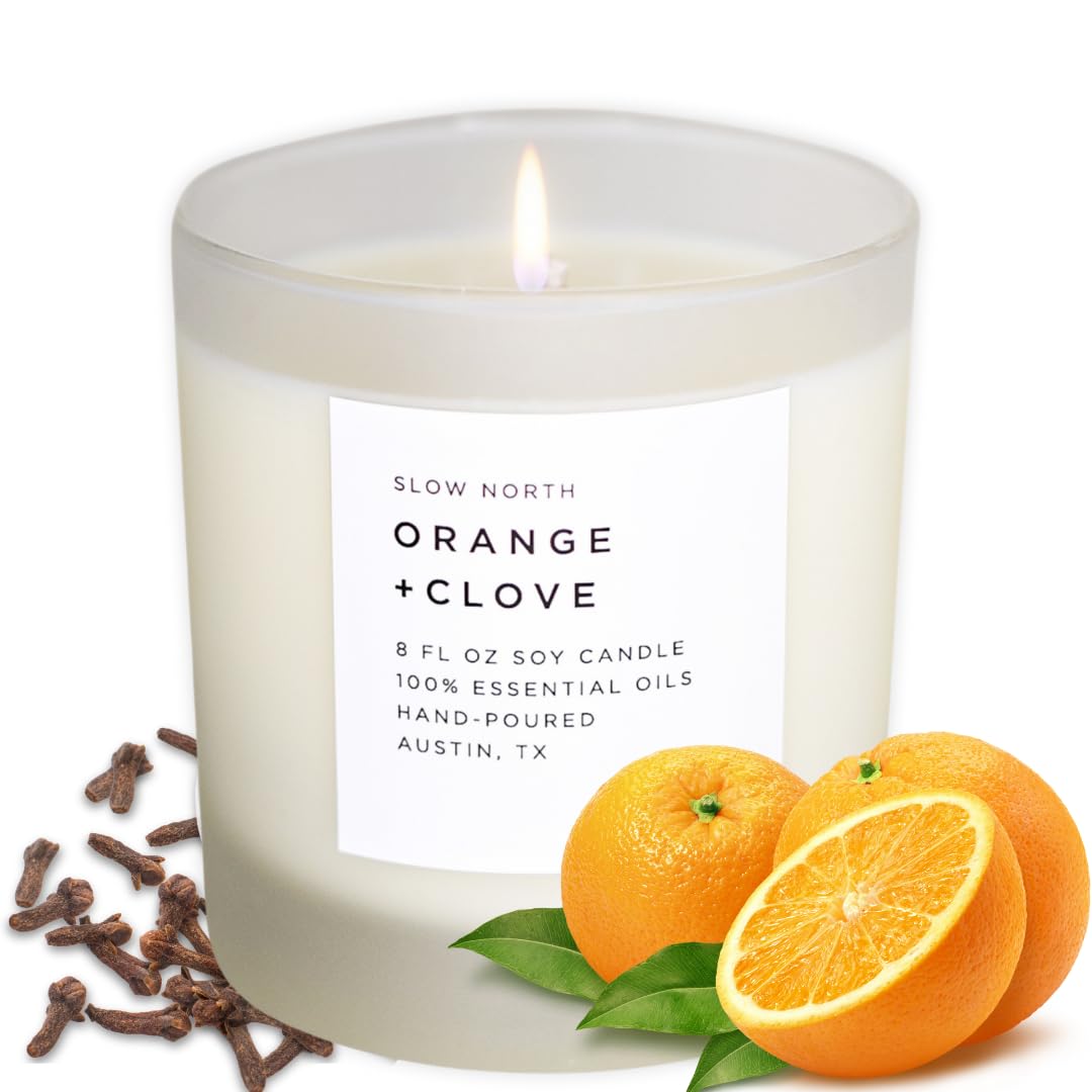Slow North Orange + Clove Candle - Essential Oils and Pure Soy Wax Candle in a Reusable Frosted Glass Jar - A Unique and Mindful