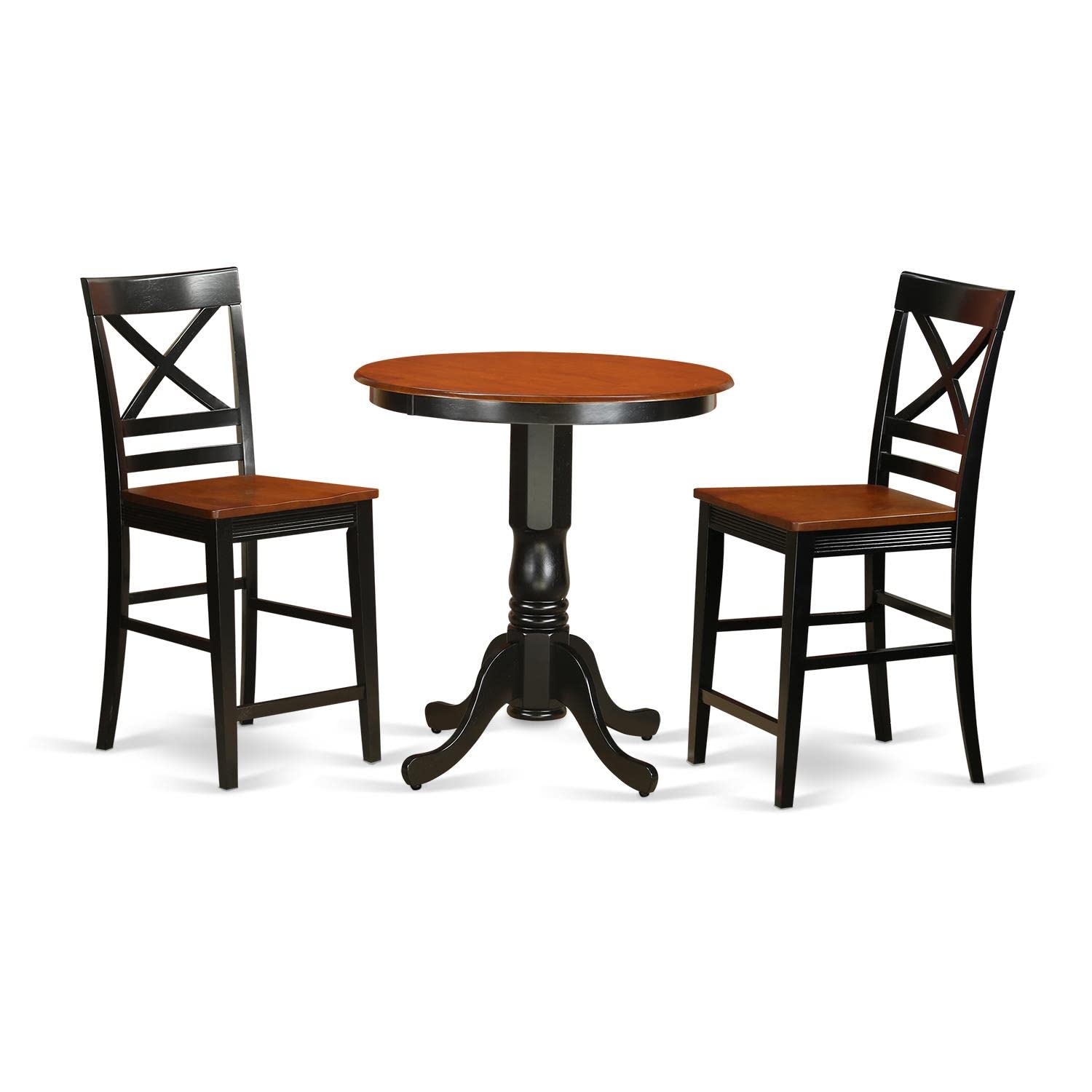 East West Furniture EDQU3-BLK-W 3 Piece Kitchen Counter Height Dining Table Set Contains a Round Wooden Table with Pedestal and 2 Dining Chairs, 30x30 Inch, Black & Cherry