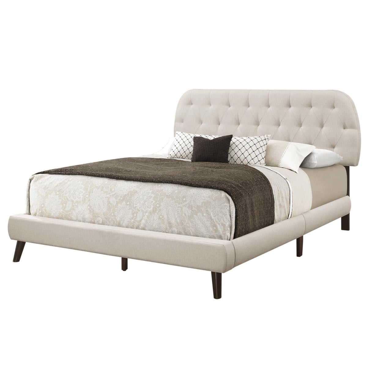 Monarch Specialties Queen Size/Beige Linen with Brown Wood Legs Bed