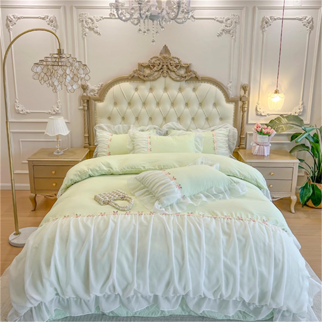 Moowoo Chic Ruffle Lace Twin Duvet Cover Set-Princess Girl Bedding-2 Piece Comforter Duvet Cover With Zipper Closure,Coquette Ro