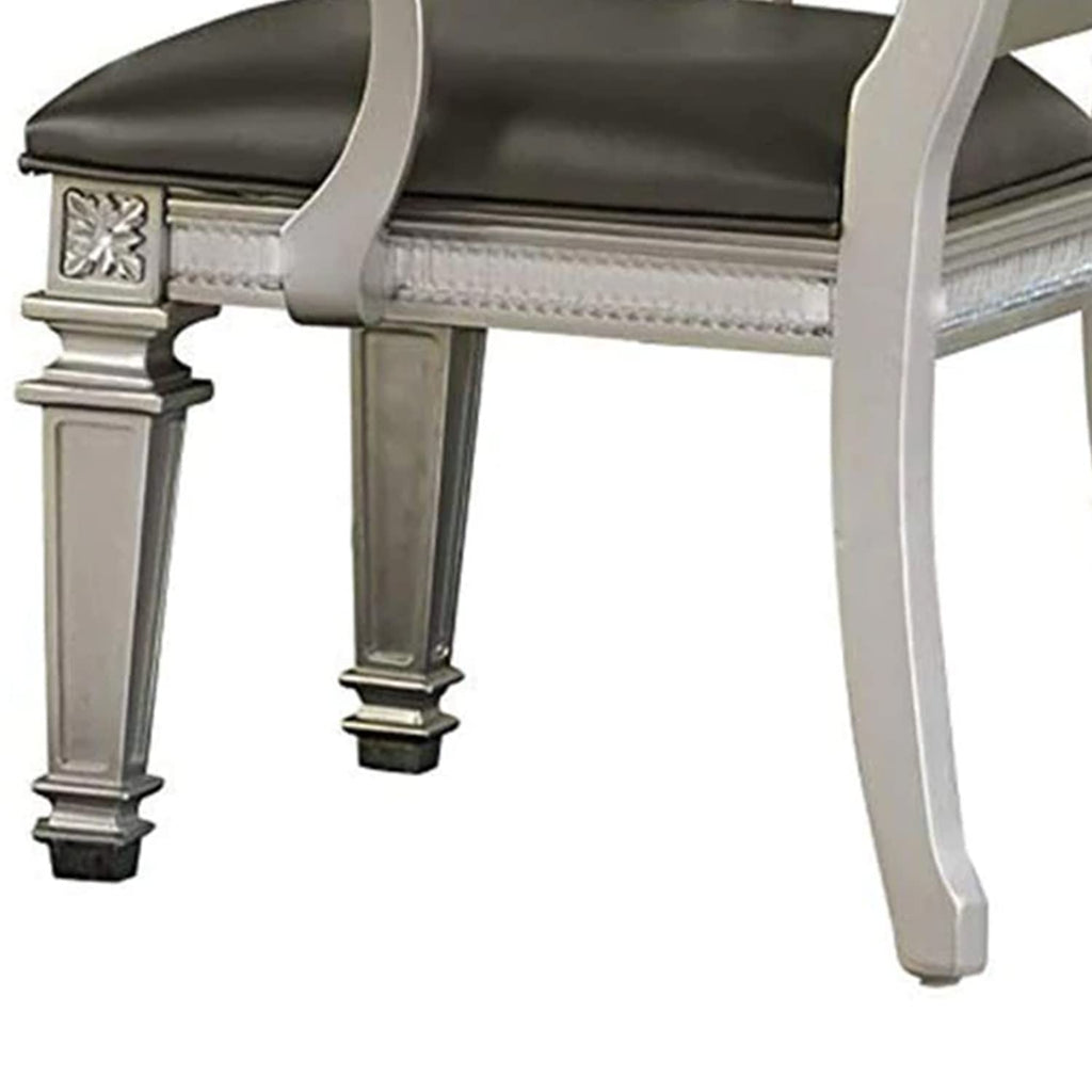 Benzara BM181905 Faux Leather Upholstered Arm Chair, Gray and Silver, Set of 2