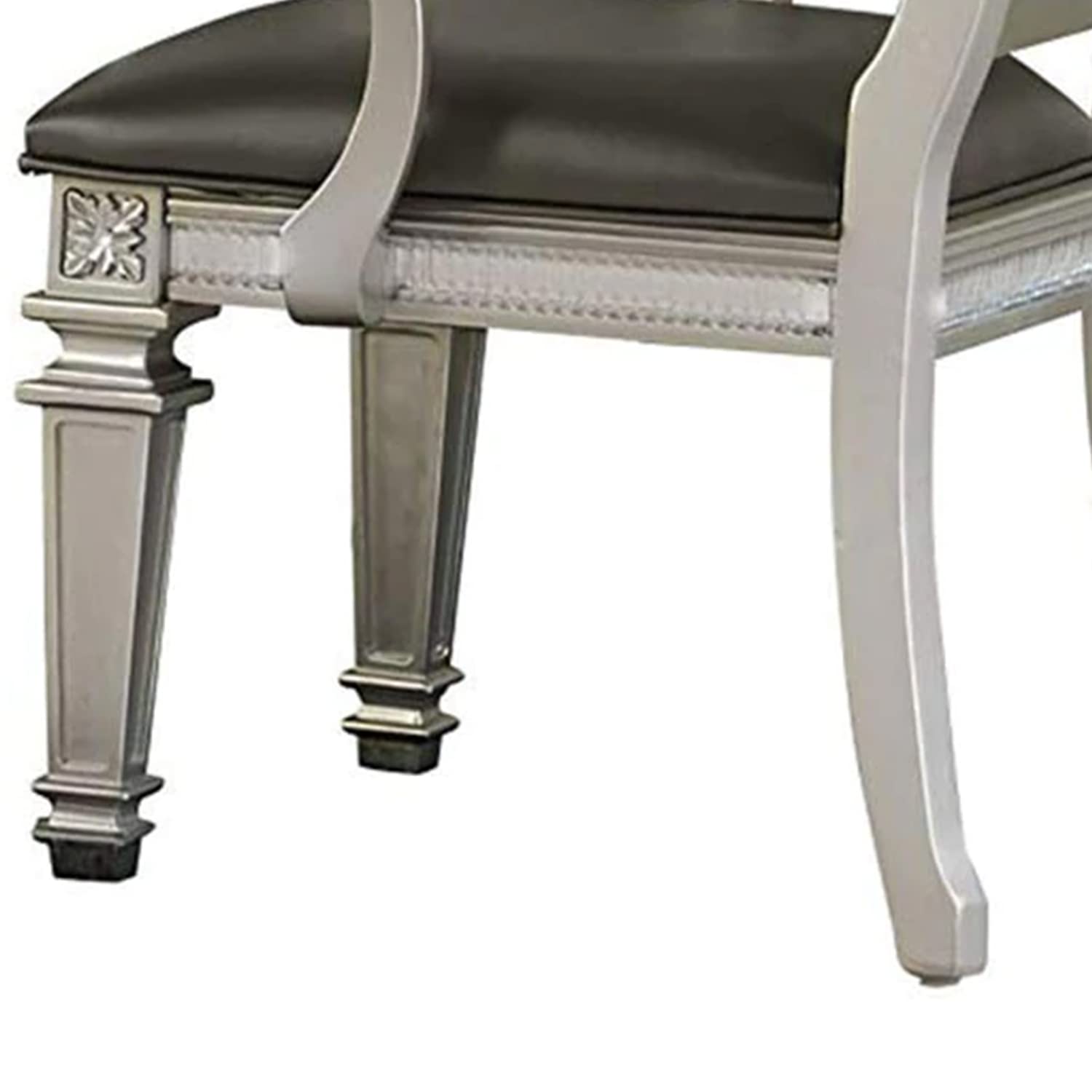 Benzara BM181905 Faux Leather Upholstered Arm Chair, Gray and Silver, Set of 2