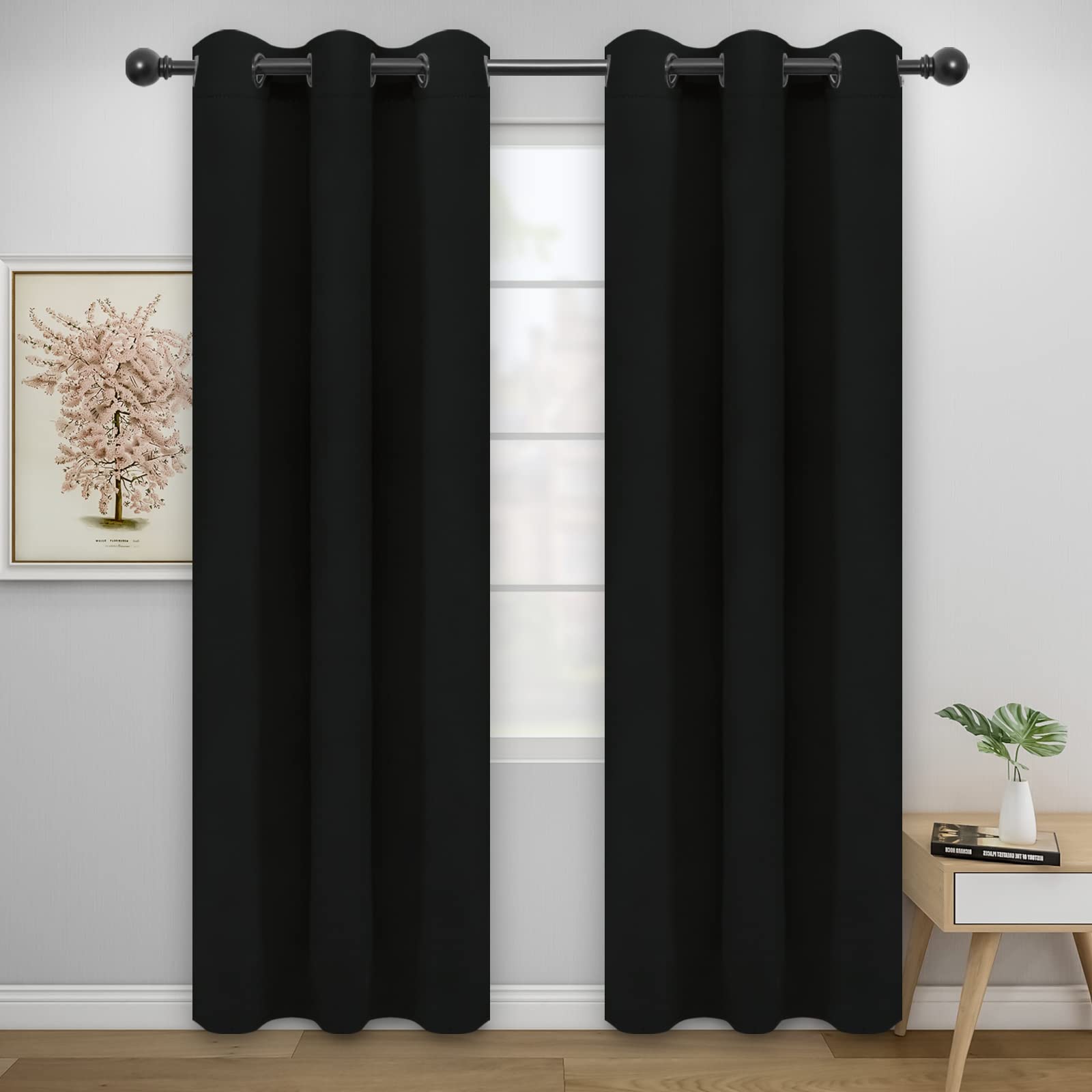 Easy-Going Blackout Curtains For Bedroom, Solid Thermal Insulated Grommet And Noise Reduction Window Drapes, Room Darkening Curtains For Living Room, 2 Panels(46X84 In, Black)