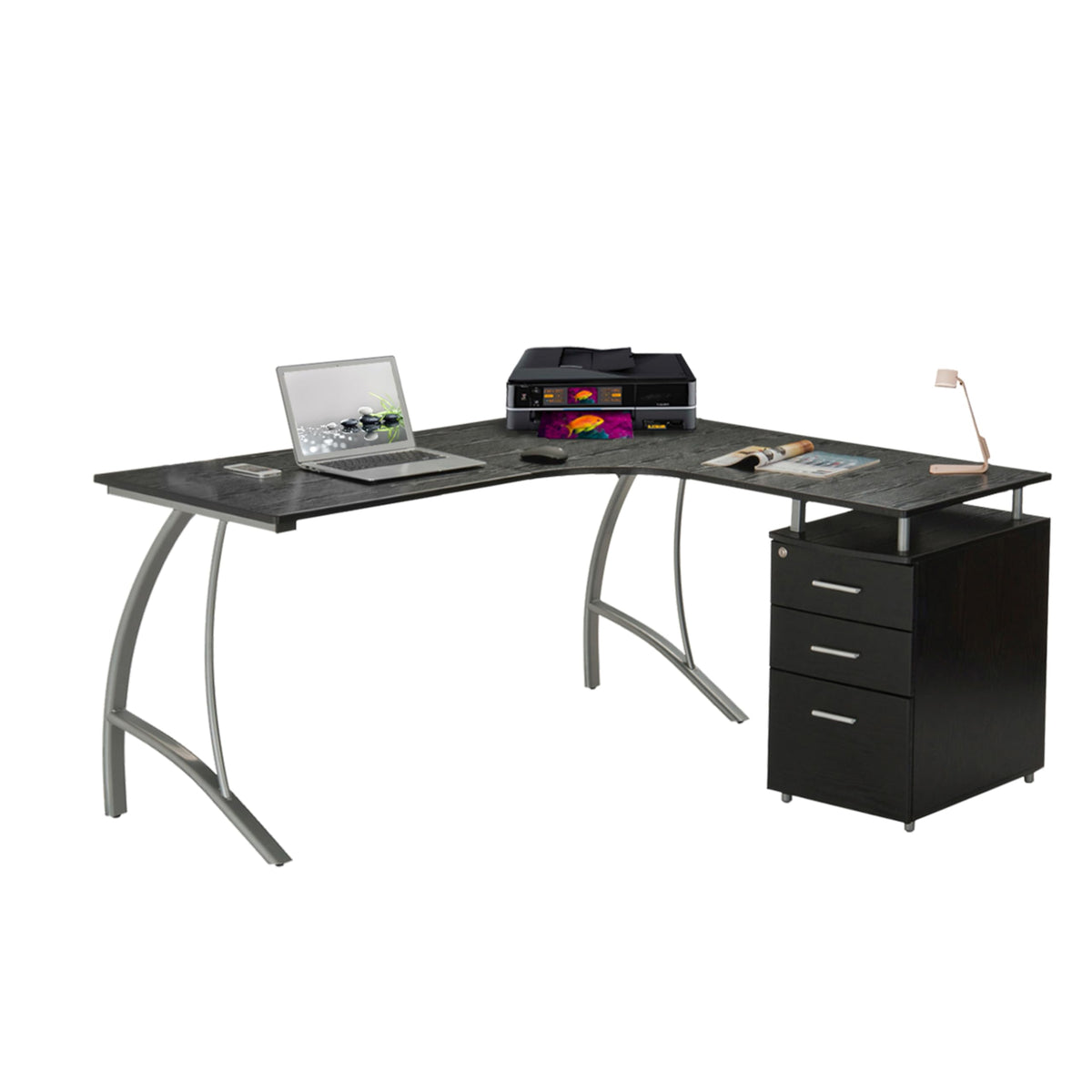 Techni Mobili Modern Computer File Cabinet and Storage L-Shaped Desk, Espresso