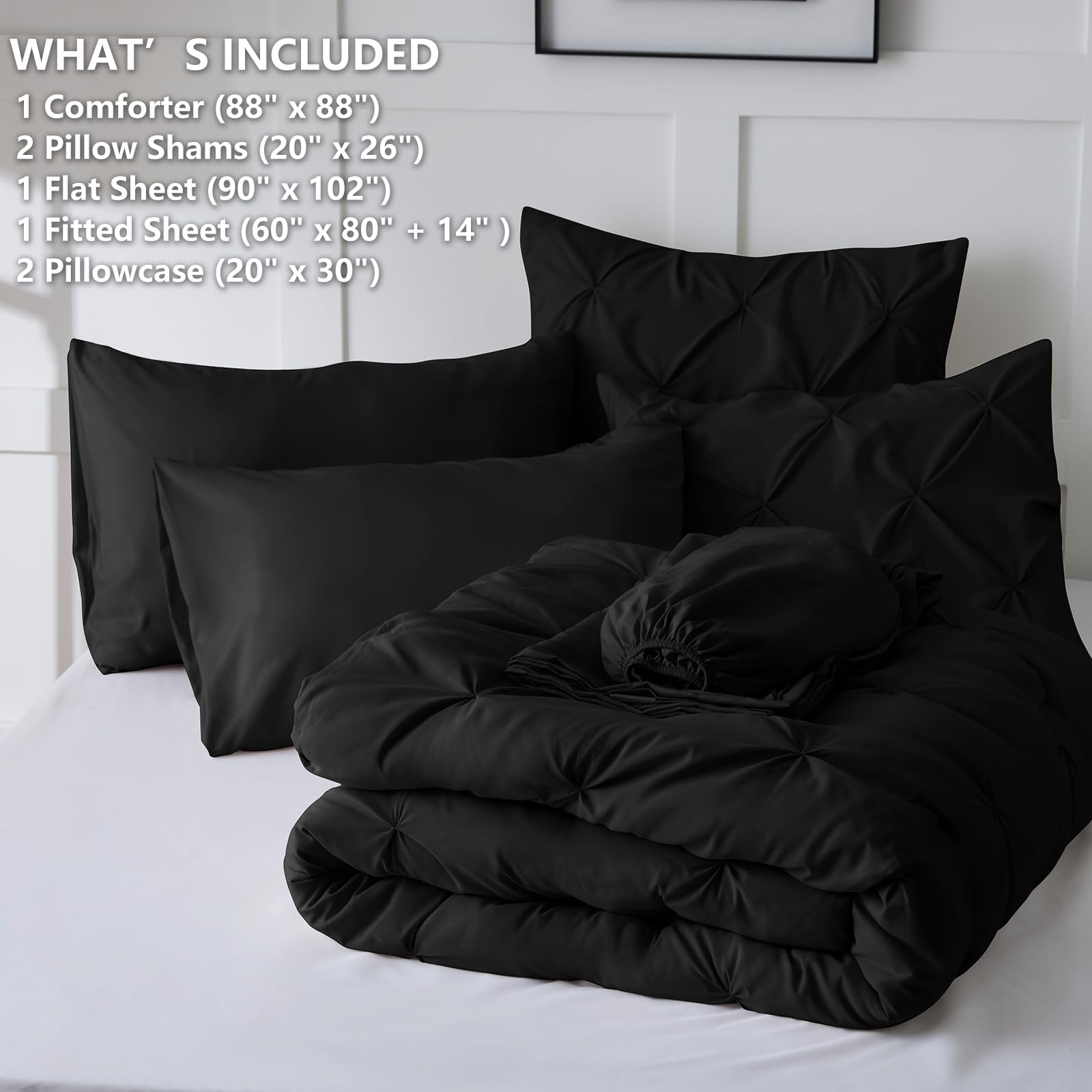 Himeet Queen Bed In A Bag Set 7 Pieces Bedding Set Pintuck Queen Bed Comforter Set Pinch Pleat Queen Size Bed In A Bag Black