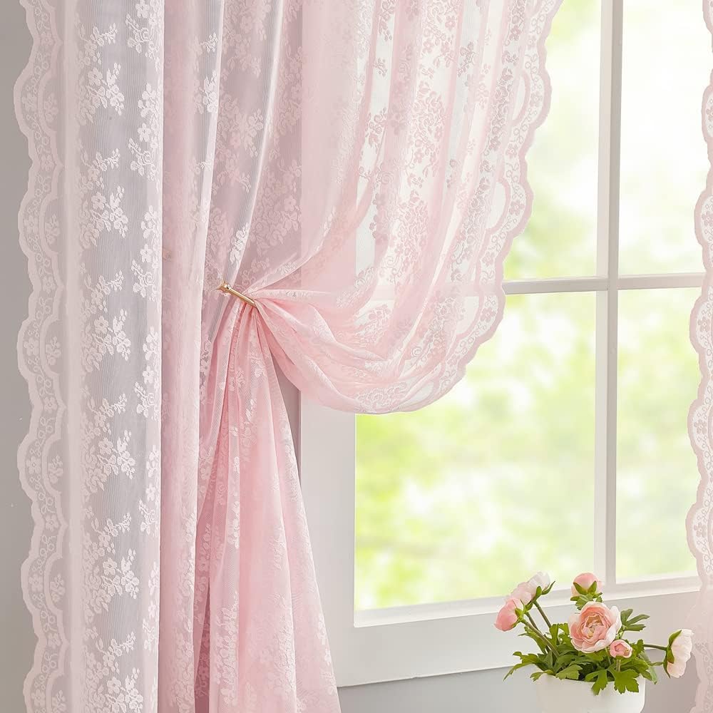 YJ YANJUN Pink Lace Curtains 108 inches Long 2 Panels Set Cute Floral Sheer Curtains for Sliding Door Backdrops Romantic Pricess