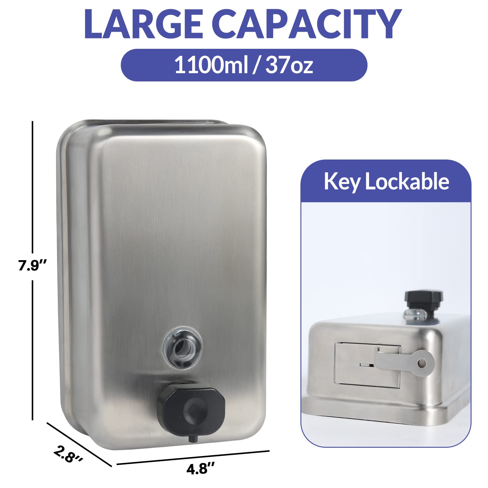 Stardrix Heavy Duty Stainless Steel Wall Mount Soap Dispenser, 1100Ml/37Oz, With Corrosion Proof Lining And Anti-Leak Pump For C