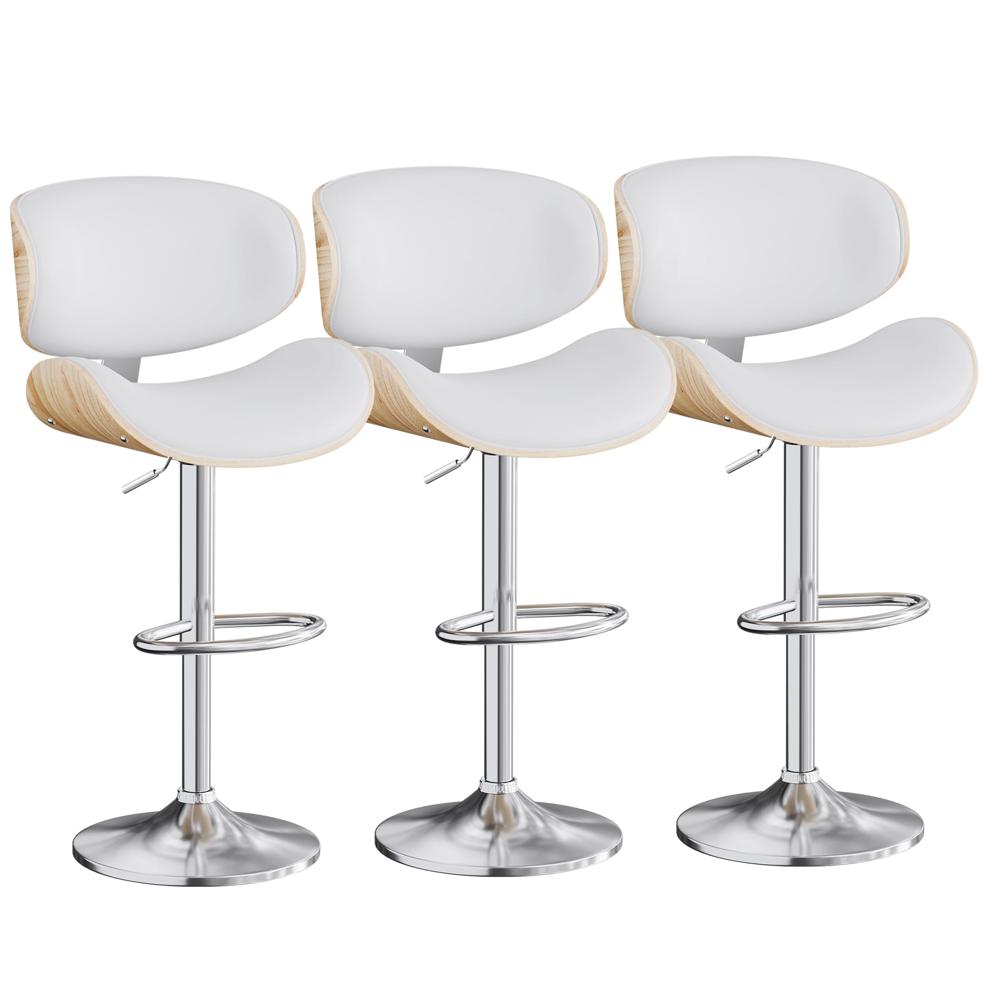 Aowos Bar Stools Set of 3, Adjustable Swivel Leather Bar Stools for Kitchen Island, Mid Century Modern Counter Height Bar Chairs
