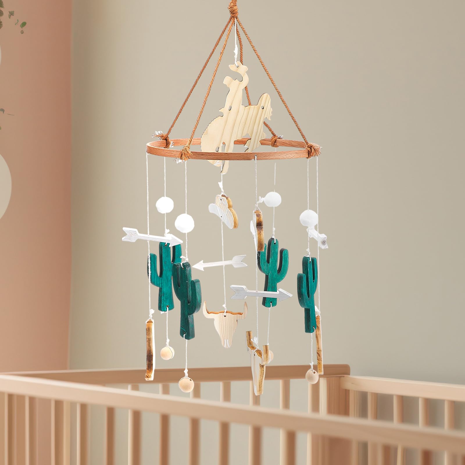 Hollowfly Western Cowboy Baby Mobile for Crib Boho Ceiling Nursery Mobile Wood Wind Chime Hanging Cactus Horse Hat Western Nurse