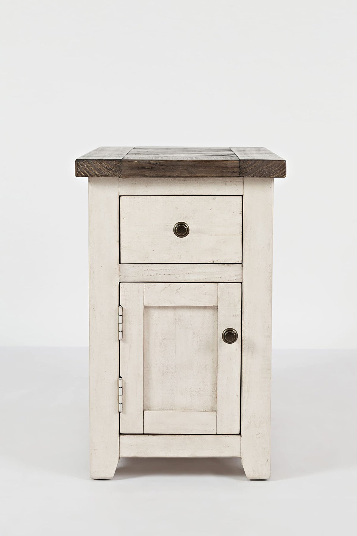 Jofran Madison County Reclaimed Solid Wood Rustic Farmhouse Chairside End Table with Drawer and Cabinet, Vintage White