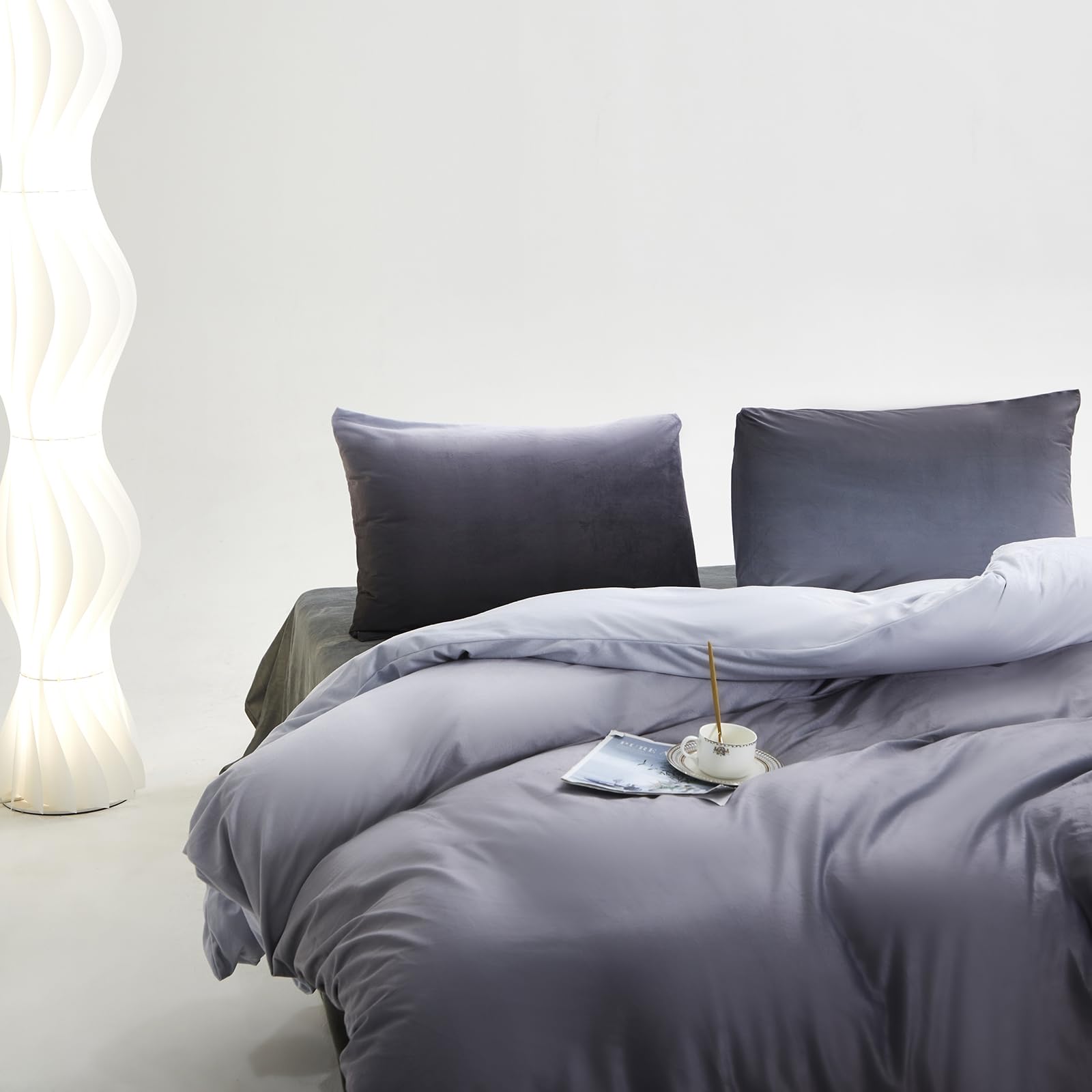 Clothknow Grey Silver Fluffy Comforter Set Full 3Pcs Gray Bedding Comforter Sets Velvet Comforter Soft Gray White Full Size Comforter Sets